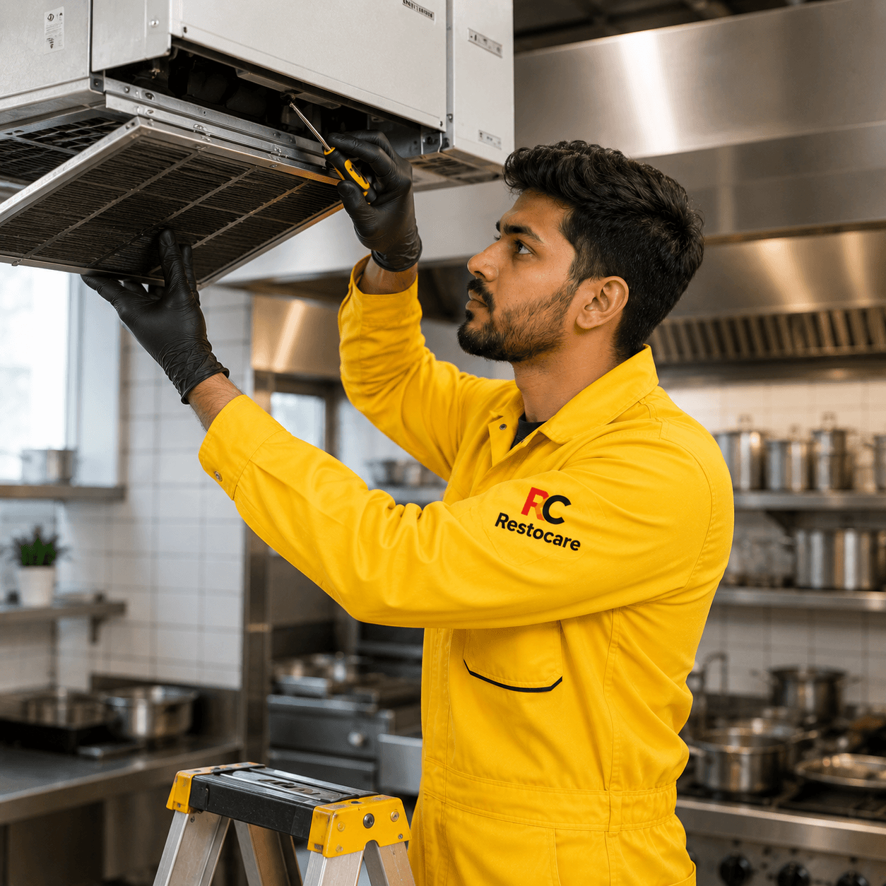 A RestoCare technician servicing a kitchen exhaust