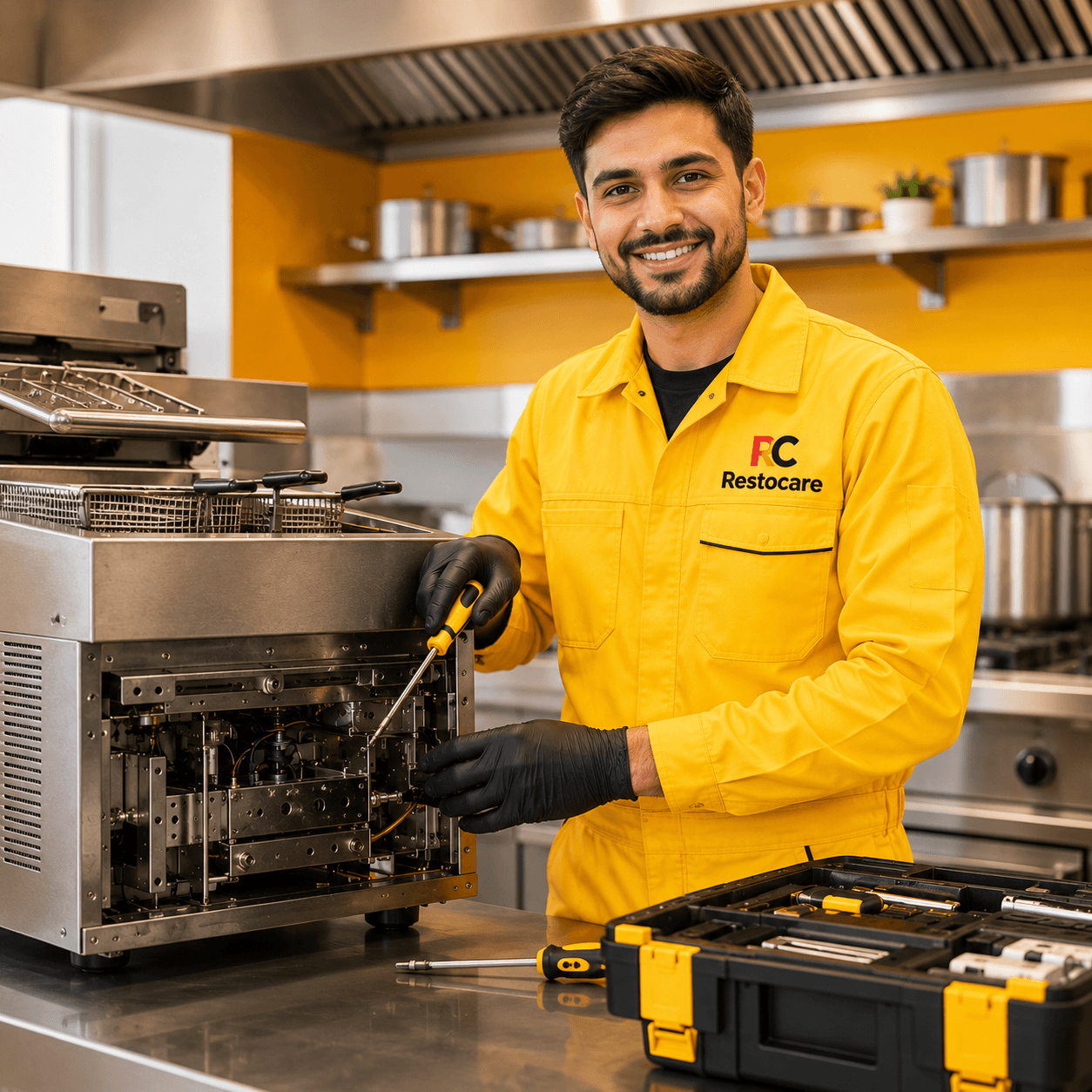 A RestoCare technician repairing kitchen equipment